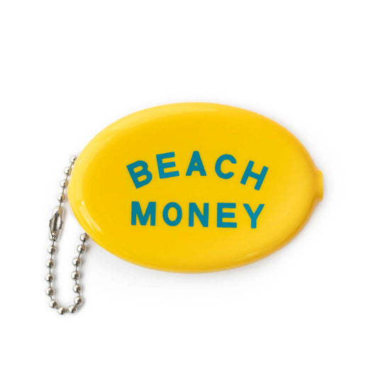 Yellow coin purse with 'BEACH MONEY' text and chain on a white background