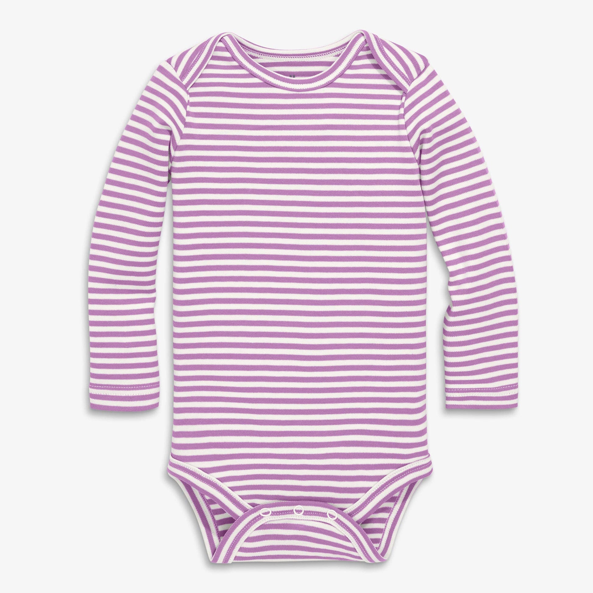 A long-sleeve baby bodysuit with horizontal lavender and white stripes, featuring a crew neck and three snap closures at the crotch, shown against a light gray background.
