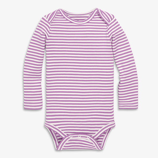 A long-sleeve baby bodysuit with horizontal lavender and white stripes, featuring a crew neck and three snap closures at the crotch, shown against a light gray background.