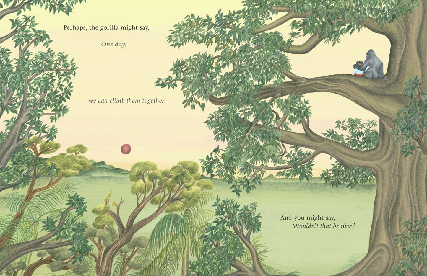 Illustration of a gorilla sitting in a tree with a child, surrounded by green foliage and a red apple.