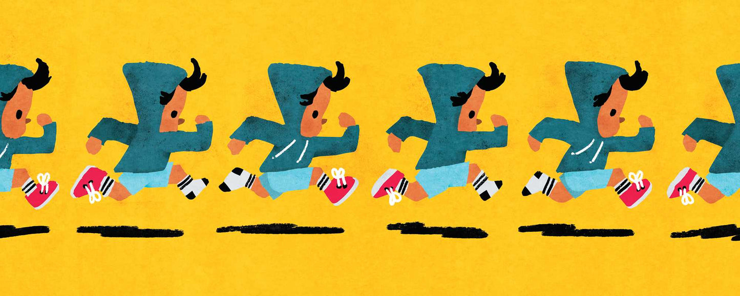 Repeating pattern of a cartoon character running on a yellow background