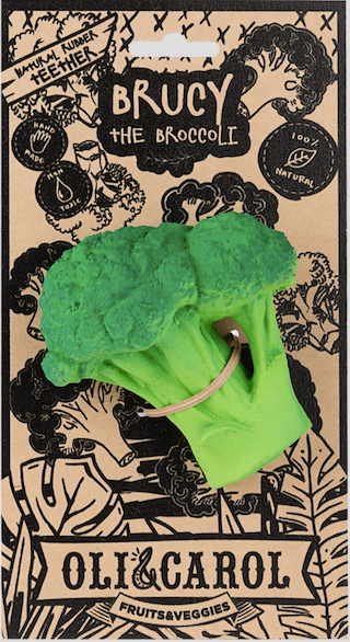 Green broccoli  tied onto on a branded packaging background