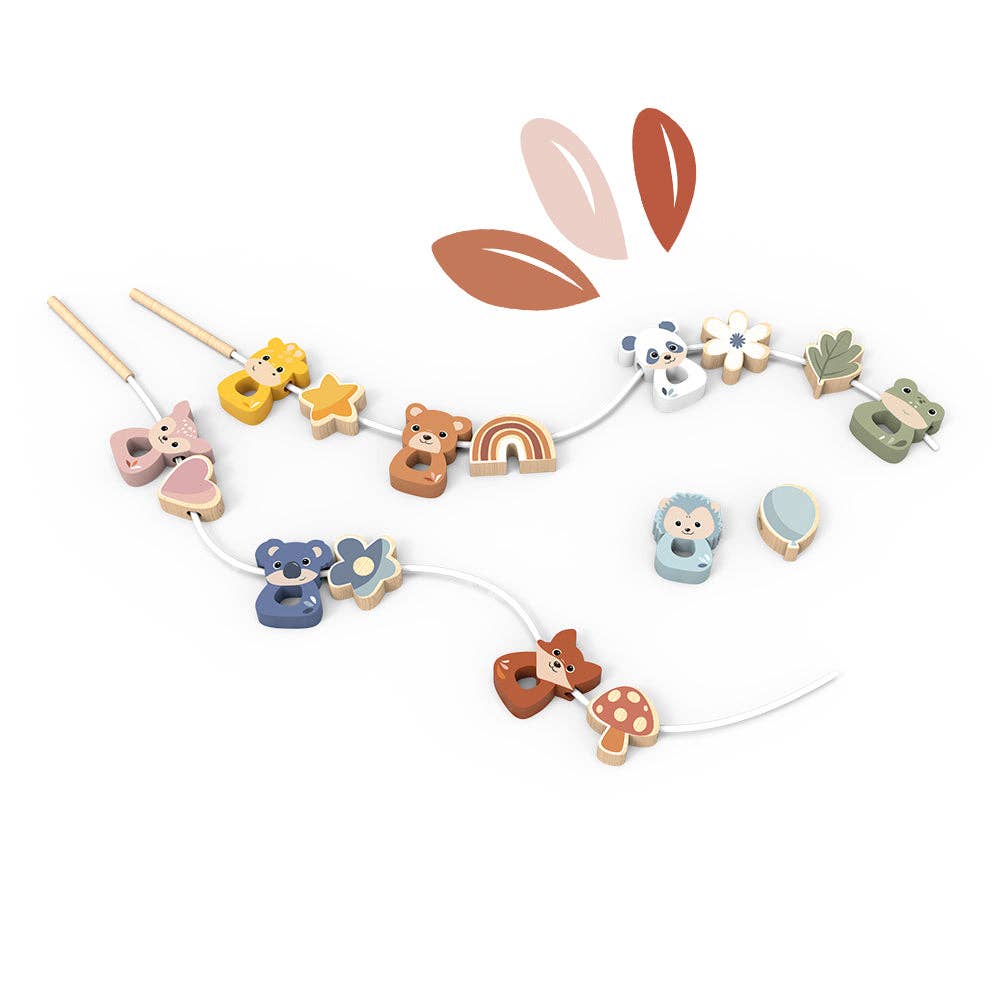 Colorful wooden necklace with various shaped beads on a white background