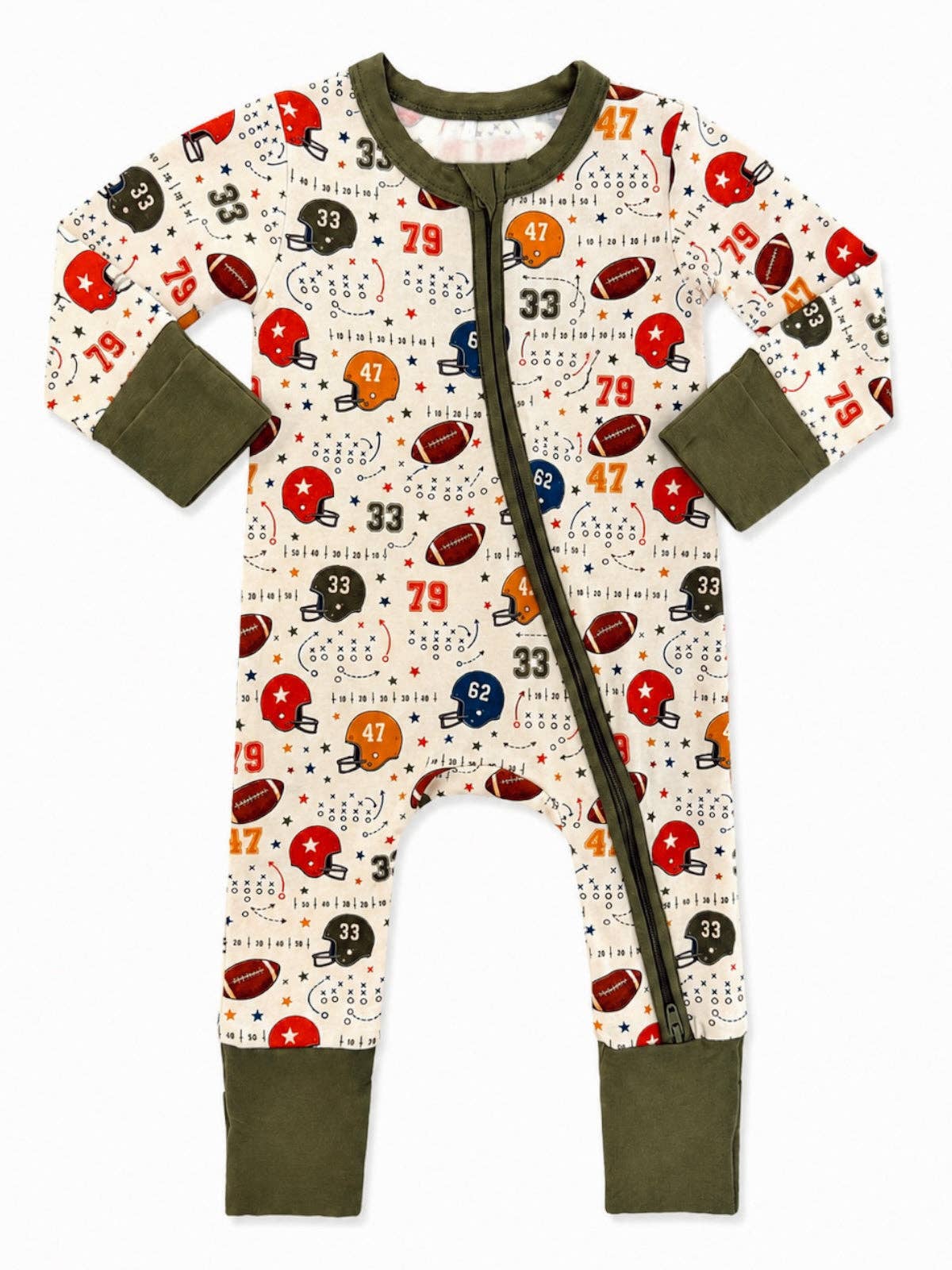 A baby long-sleeve footless one-piece sleeper with an olive green zipper, olive green cuffs and leg cuffs, and a cream background covered in a football helmet and football print with numbers.