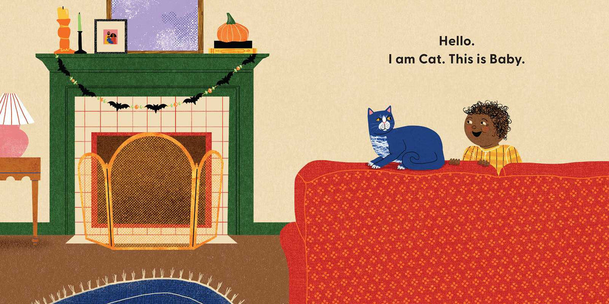 Illustration of a cat and a child on a red couch with a fireplace and Halloween decorations in the background.