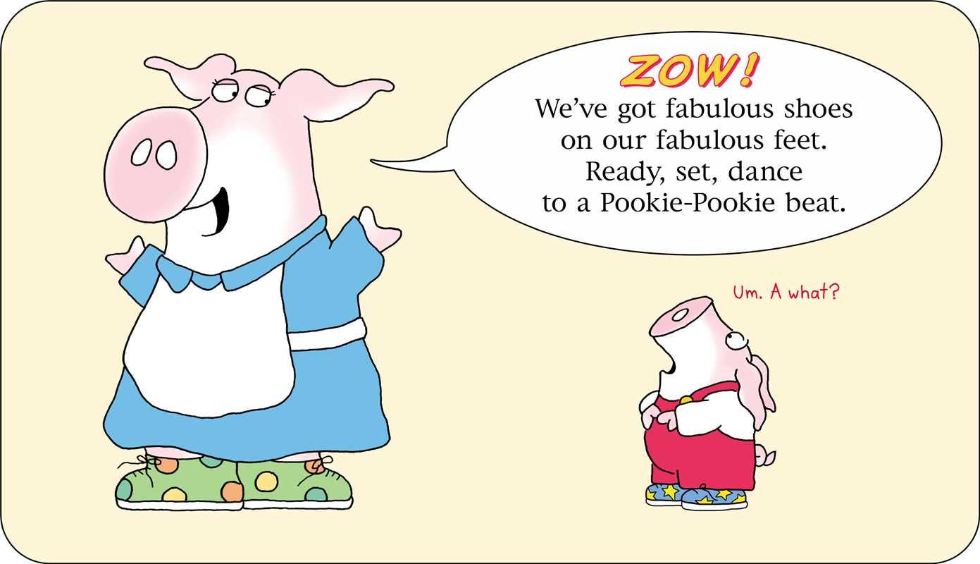 Cartoon illustration of two pigs in colorful shoes with a speech bubble containing humorous text.
