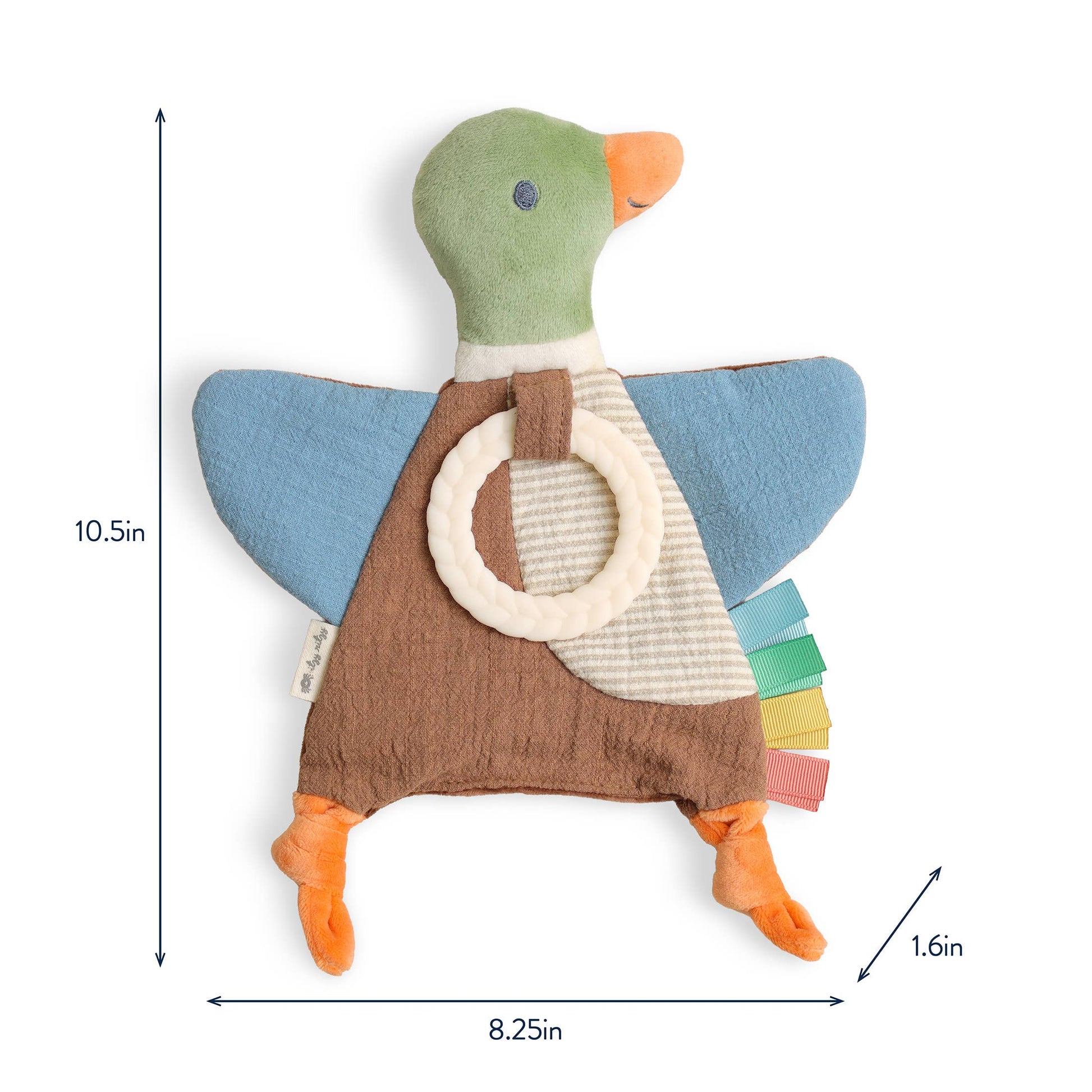 A duck-shaped fabric sensory toy with a green head, blue wings, brown body, orange feet and beak, and a cream ring handle, shown on a white background with dimension lines and labels indicating 10.5 in height, 8.