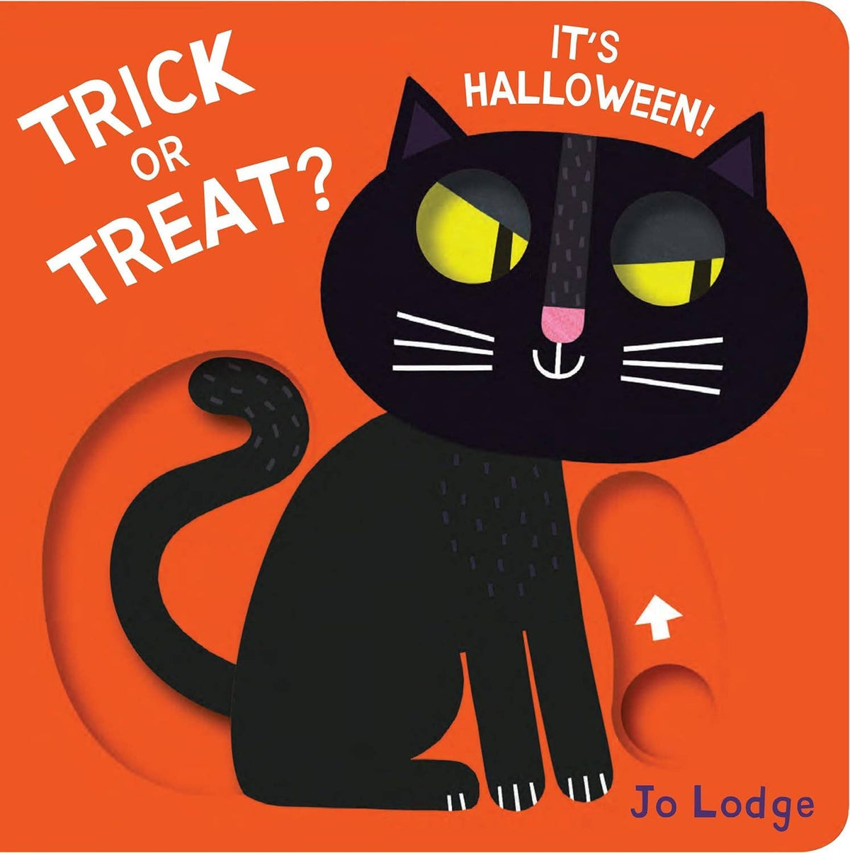 Cover of the children's board book 'Trick or Treat? It's Halloween!' featuring a black cat with yellow eyes on an orange background.