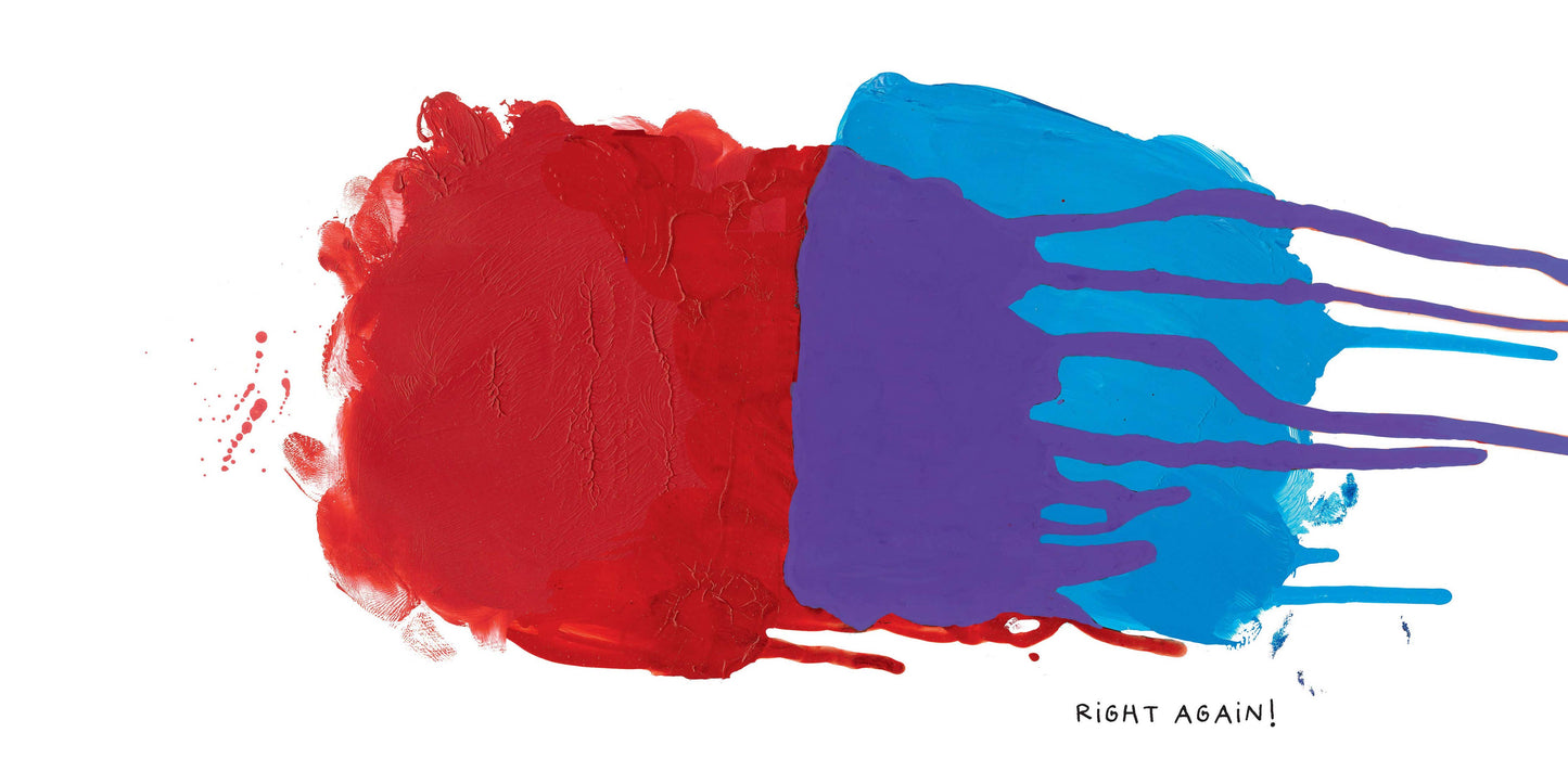 Red and blue paint splashes on a white background with text 'Right Again!'.