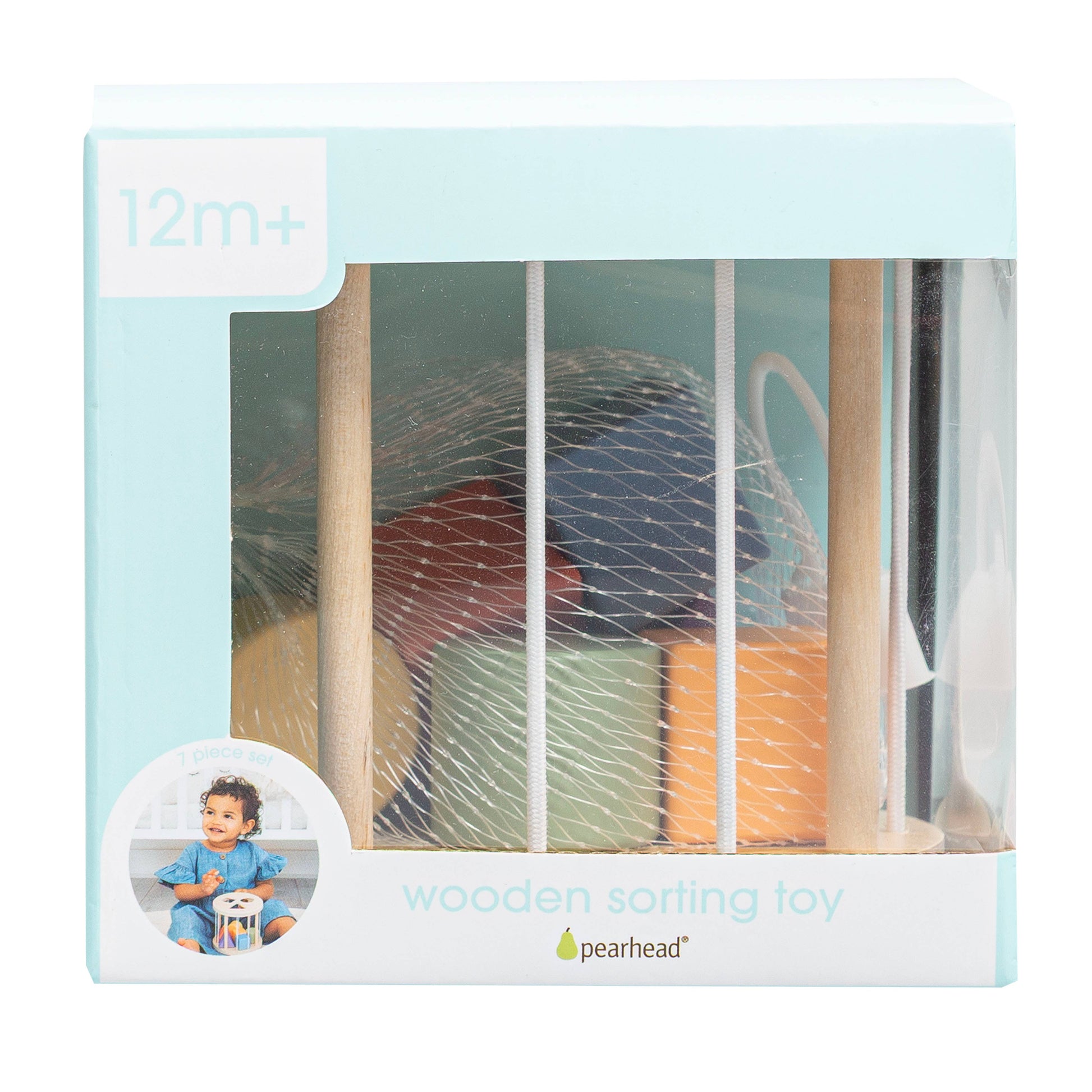 Pearhead wooden sorting toy packaging with a baby playing on a white background