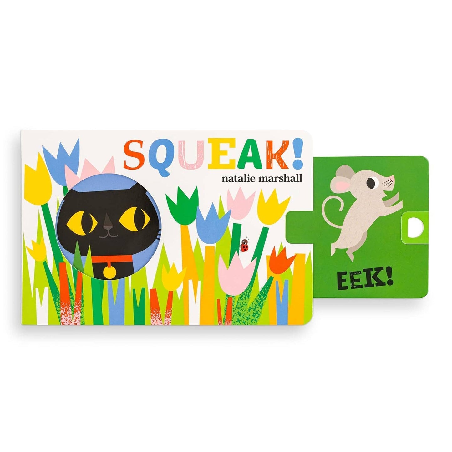 Children's book titled 'SQUEAK!' with a black cat and mouse illustration on a white background
