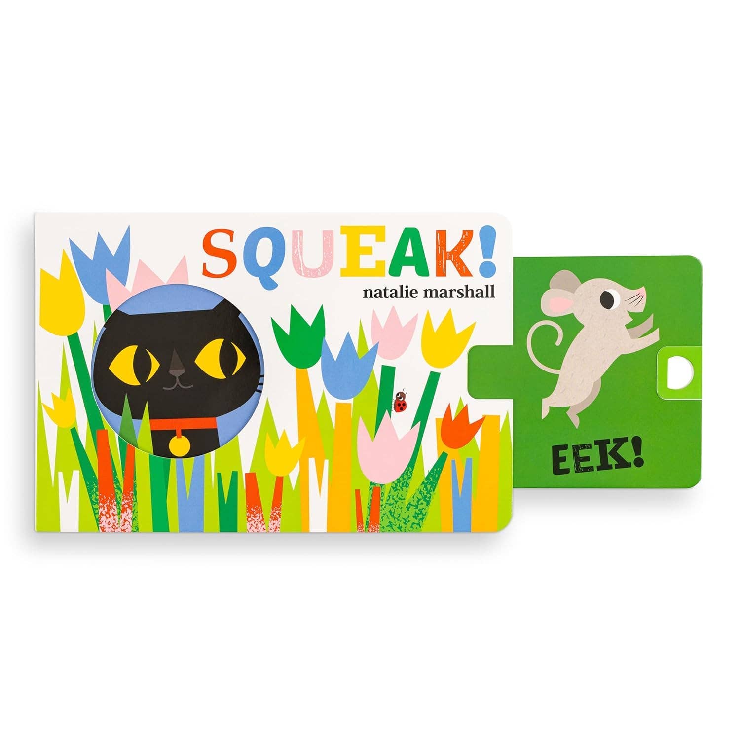 Children's book titled 'SQUEAK!' with a black cat and mouse illustration on a white background