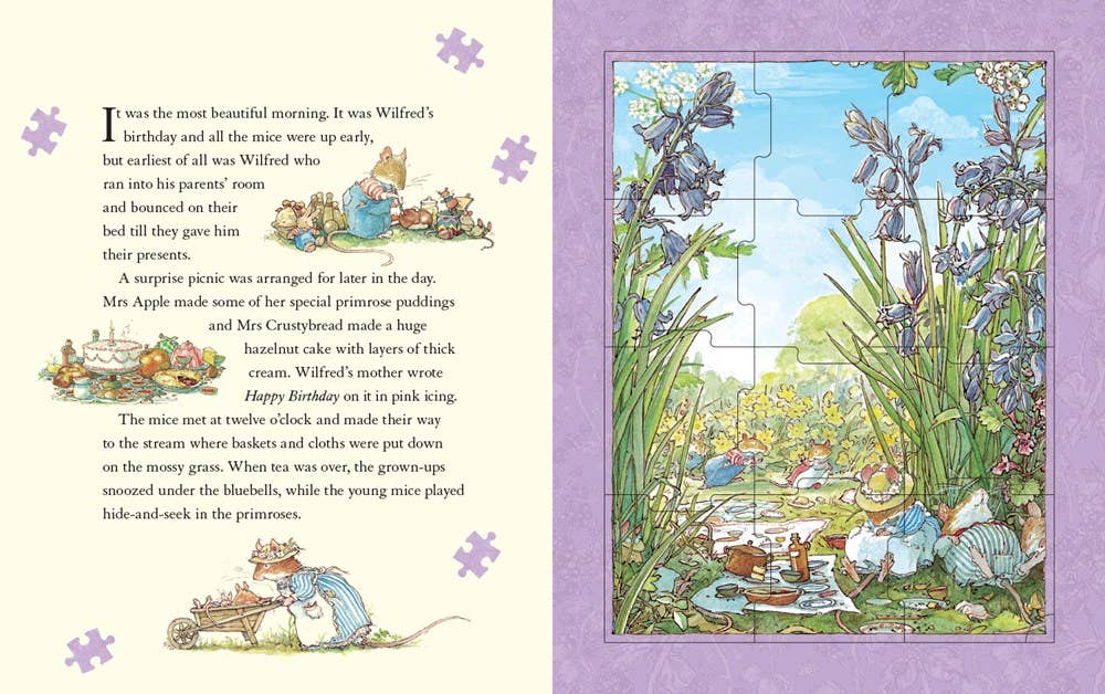 Illustrated book page with a garden scene and puzzle piece layout on a purple background