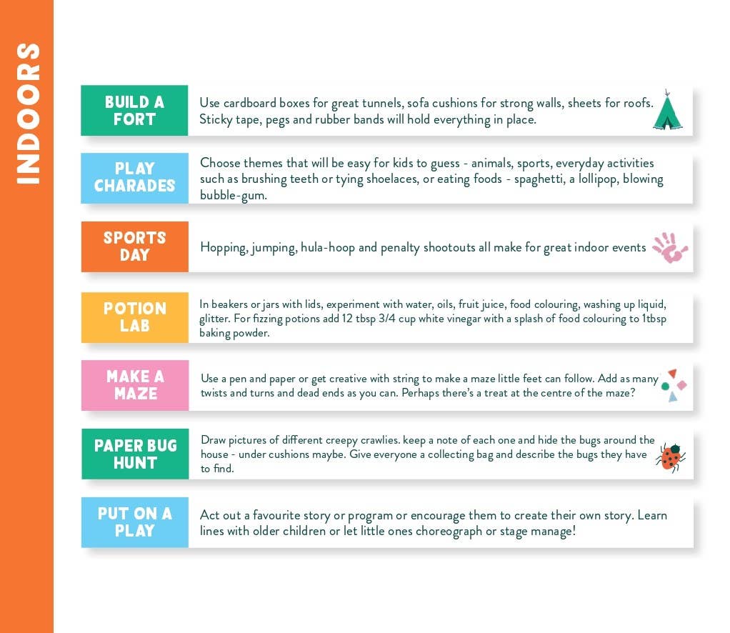 Sheet of activities for indoor play with colorful text and icons.