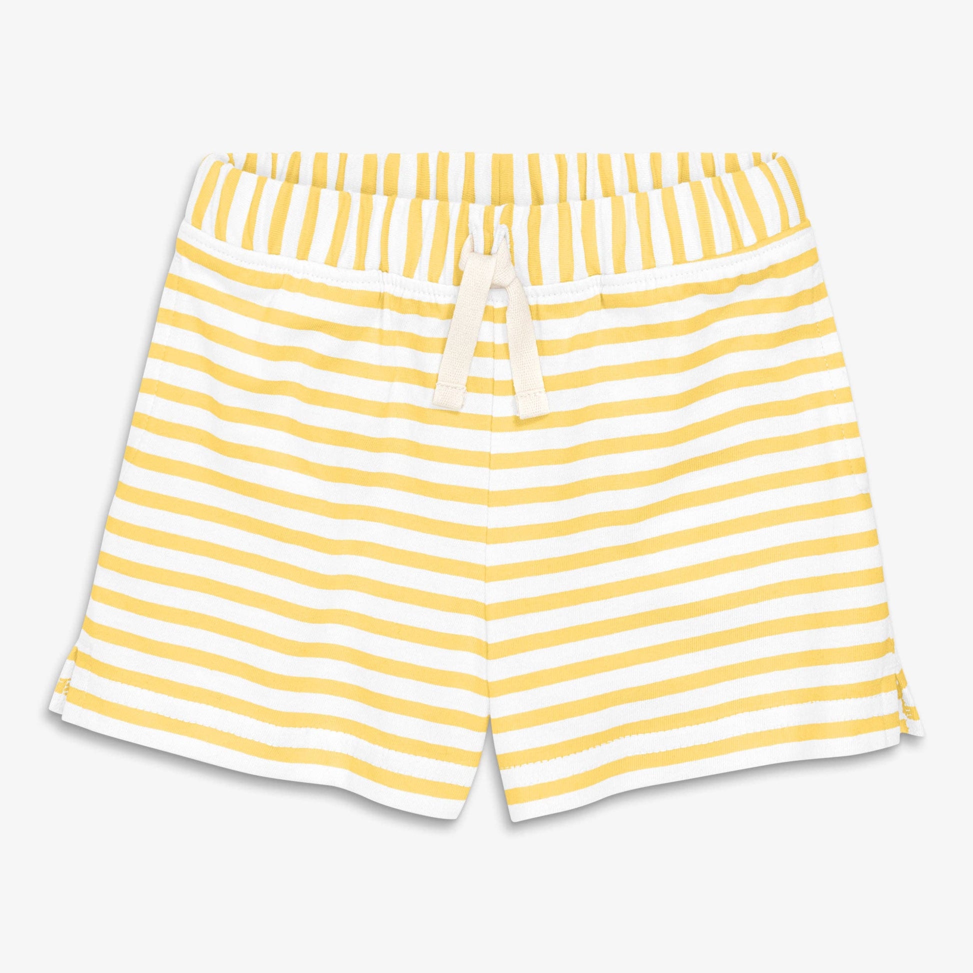 Yellow and white striped shorts on a light gray background