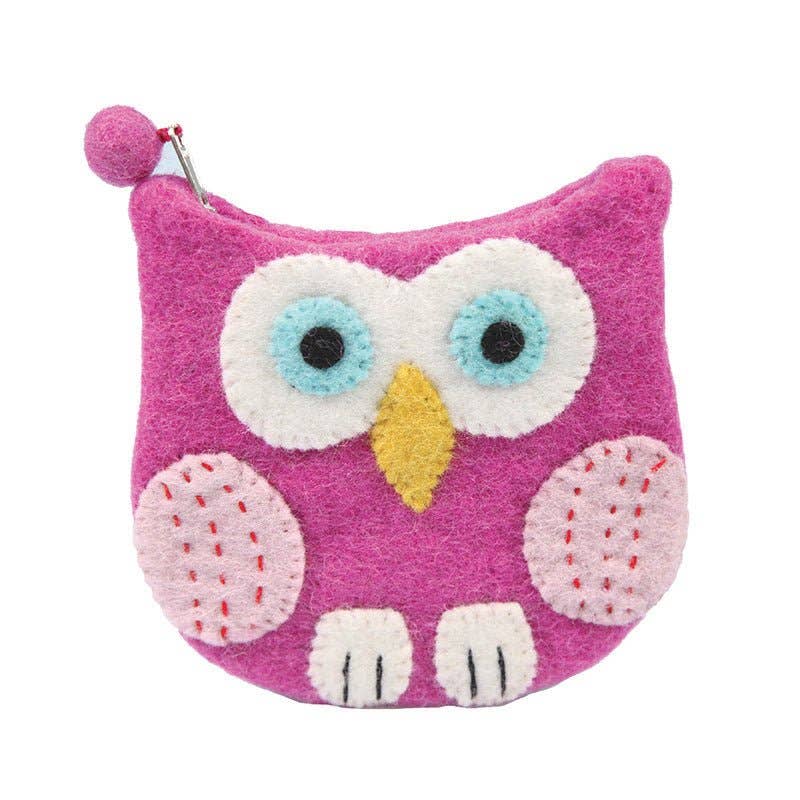 Pink owl-shaped coin purse with a yellow beak and black eyes on a white background
