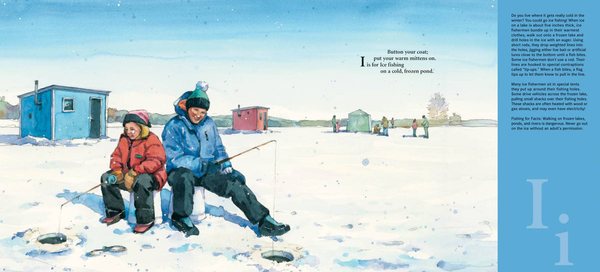 Illustration of two children ice fishing on a frozen lake with a small cabin in the background.