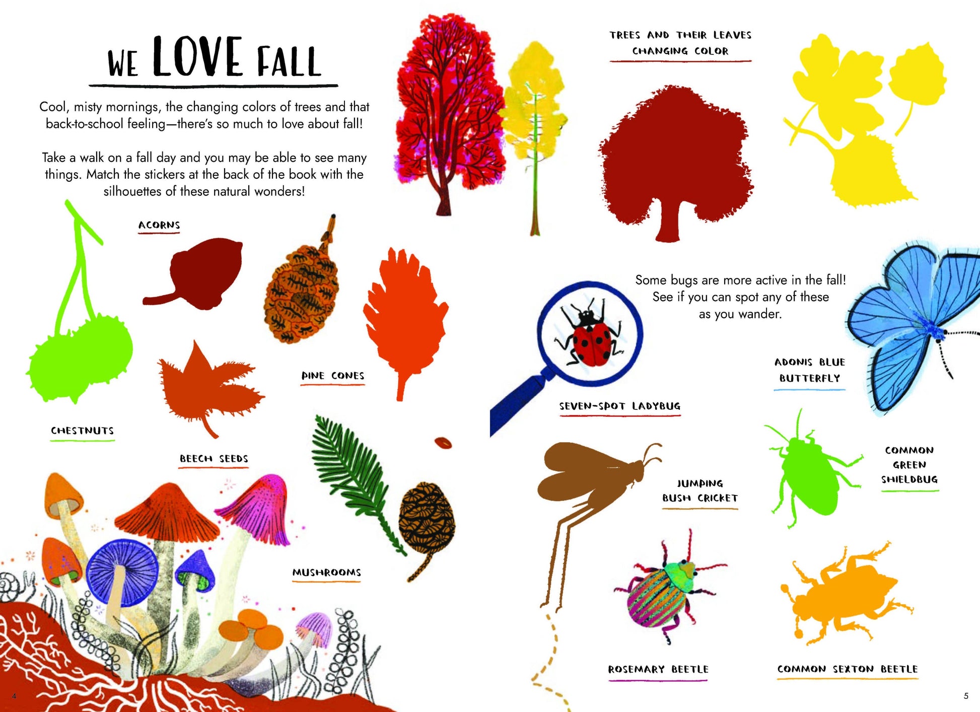 Educational fall-themed sticker sheet with colorful illustrations of autumn trees, leaves, mushrooms, pine cones, and bugs with labels on a white background.