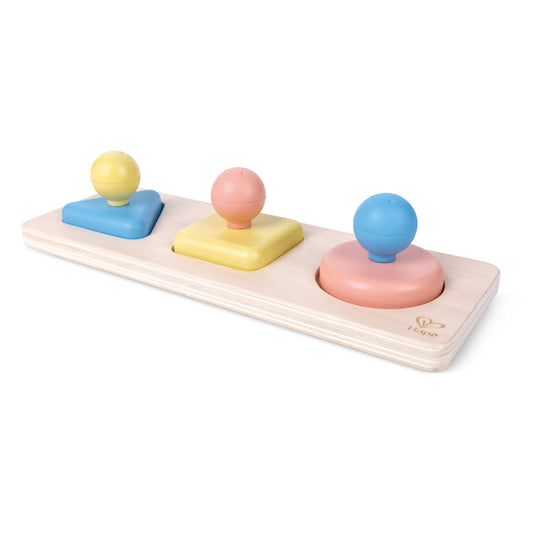 Pastel-colored wooden toy with geometric shapes on a white background