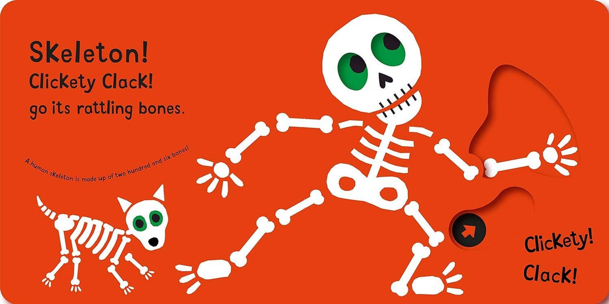 Children's book page with skeleton and dog on orange background
