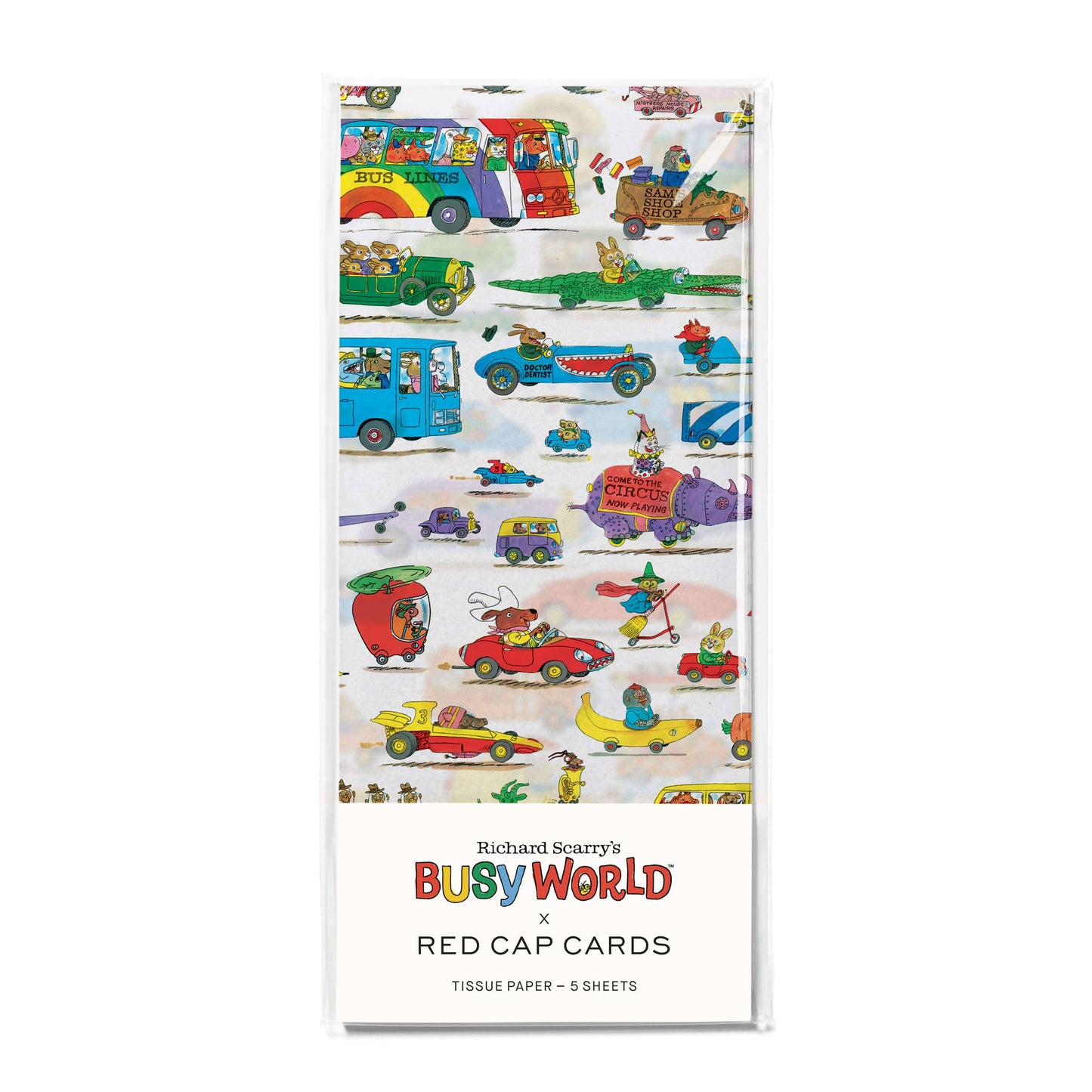 Tissue paper with colorful illustrations of vehicles and characters from 'Busy World' by Richard Scarry, featuring the Red Cap Cards branding.