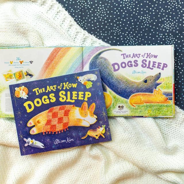Two books titled 'The Art of How Dogs Sleep' by Allison Kim on a textured surface with a starry night background.