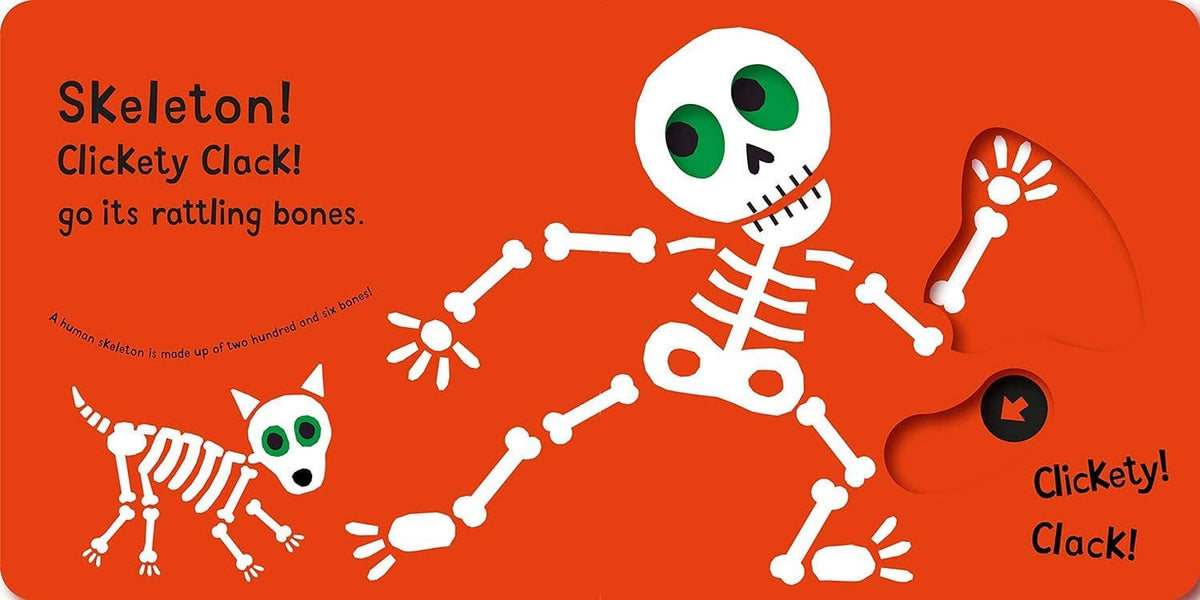Children's book page with skeleton and dog illustrations on an orange background.