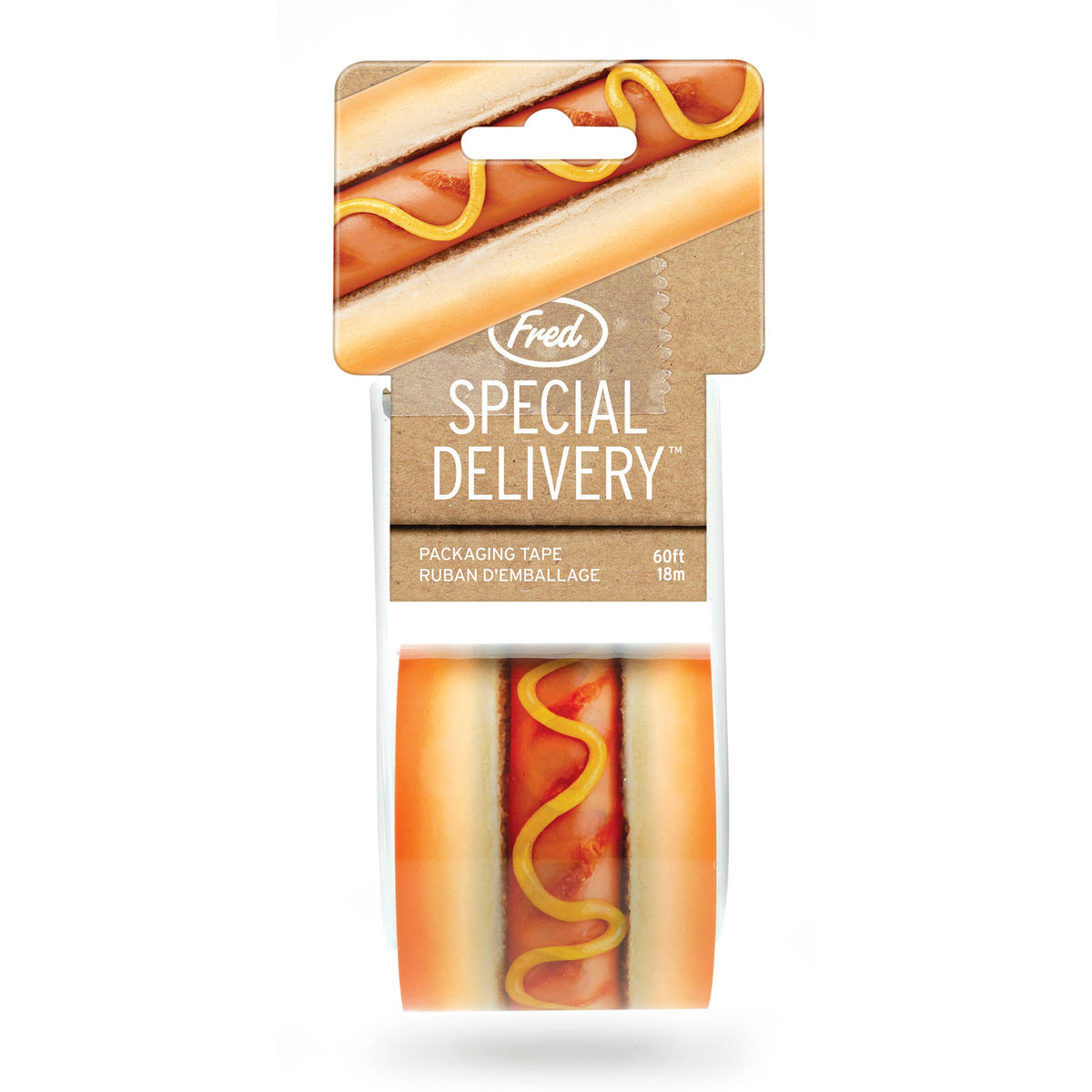 Packaging tape with hot dog design and 'Fred' branding on a white background
