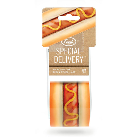 Packaging tape with hot dog design and 'Fred' branding on a white background