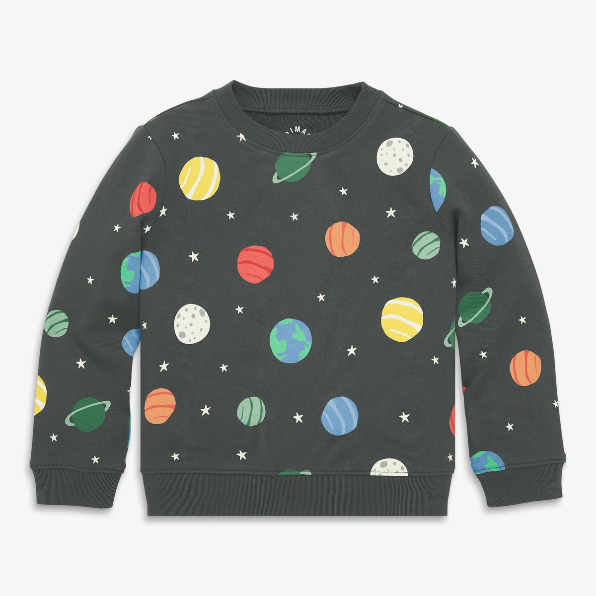 Children's sweatshirt with space-themed design on a plain background