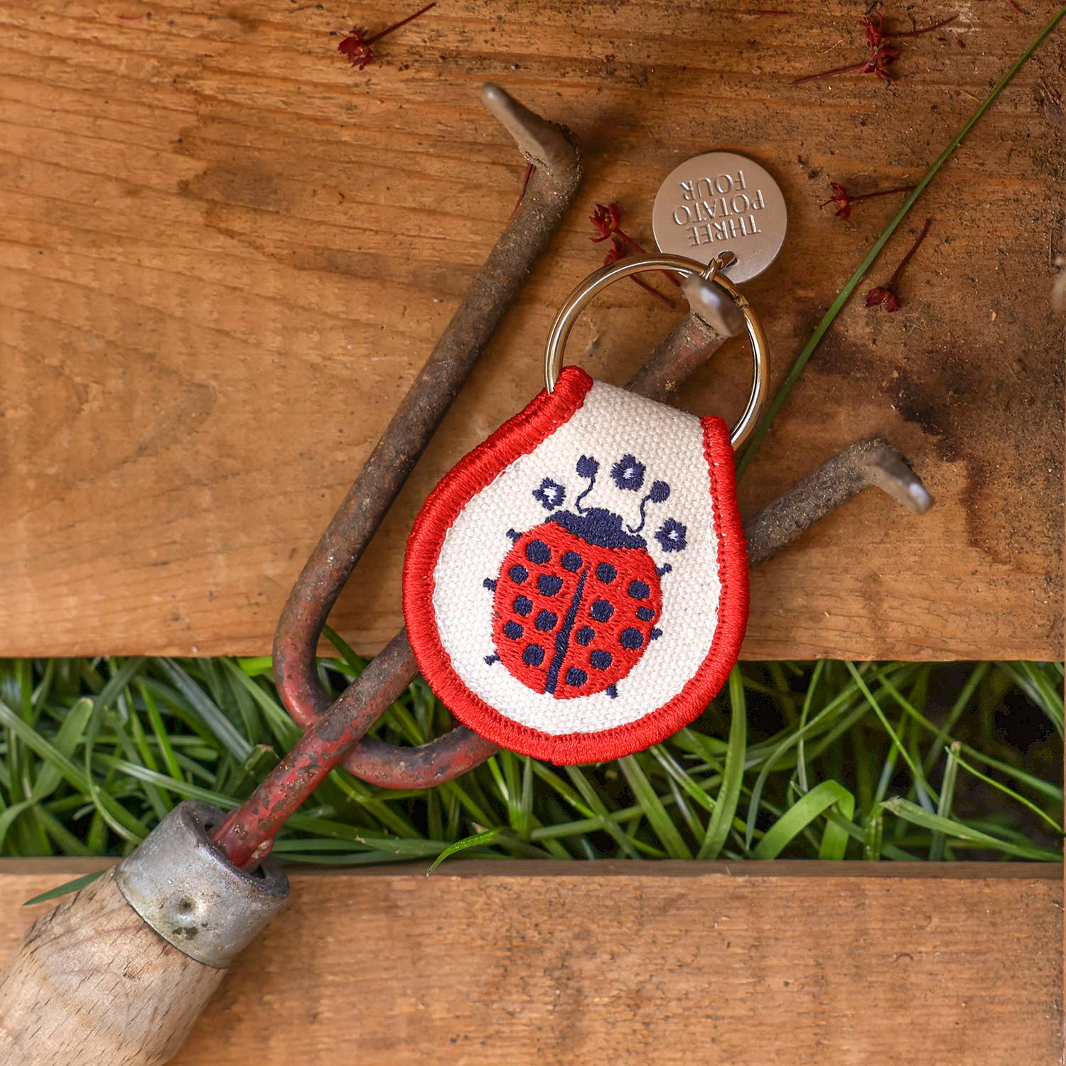 Keychain with ladybug design on a wooden background
