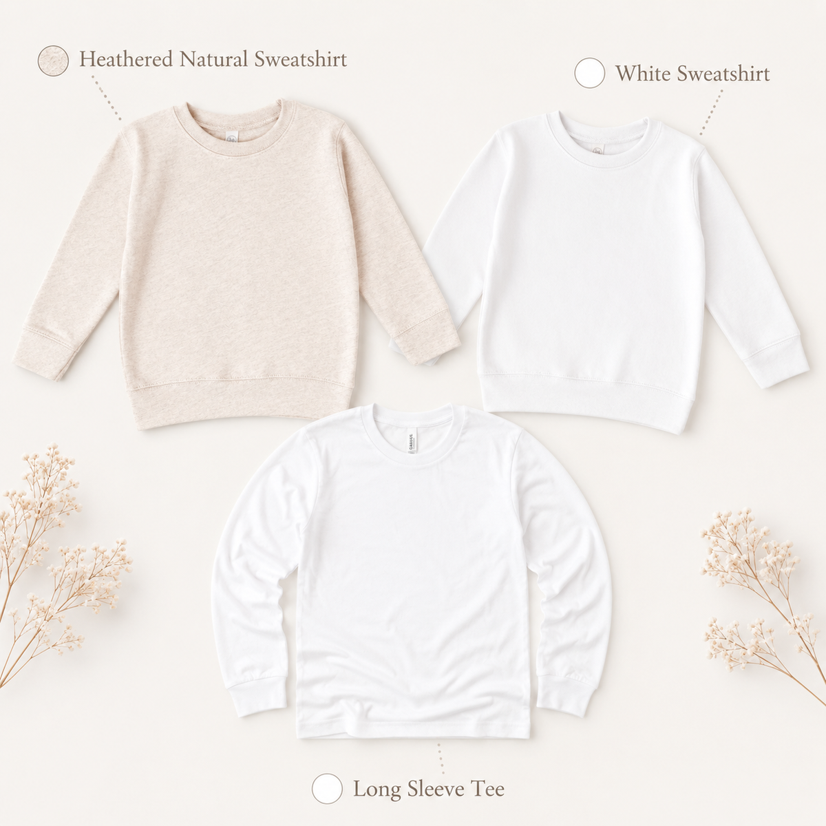 Three sweatshirts in heathered natural, white, and long sleeve tee on a light background.