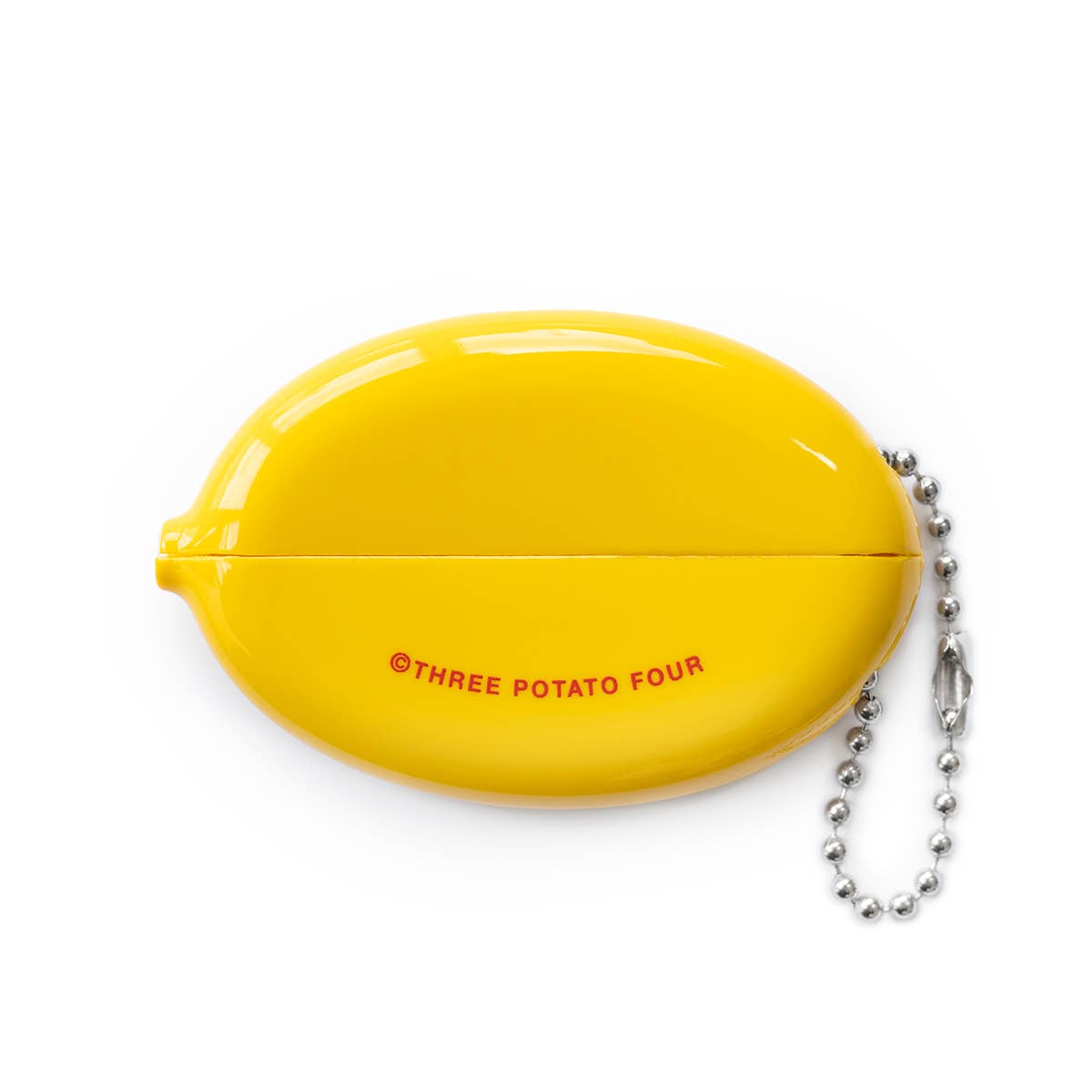 Yellow coin purse with chain, featuring 'Three Potato Four' branding, on a white background.