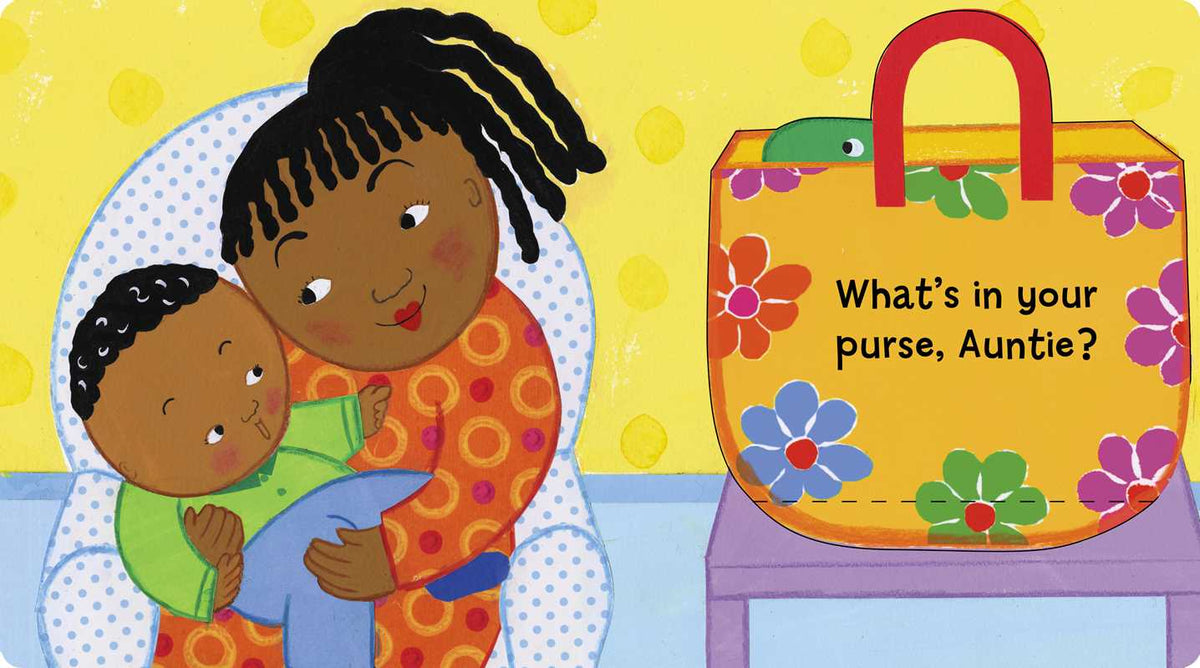 Illustration of a woman holding a child with a colorful purse on a yellow background