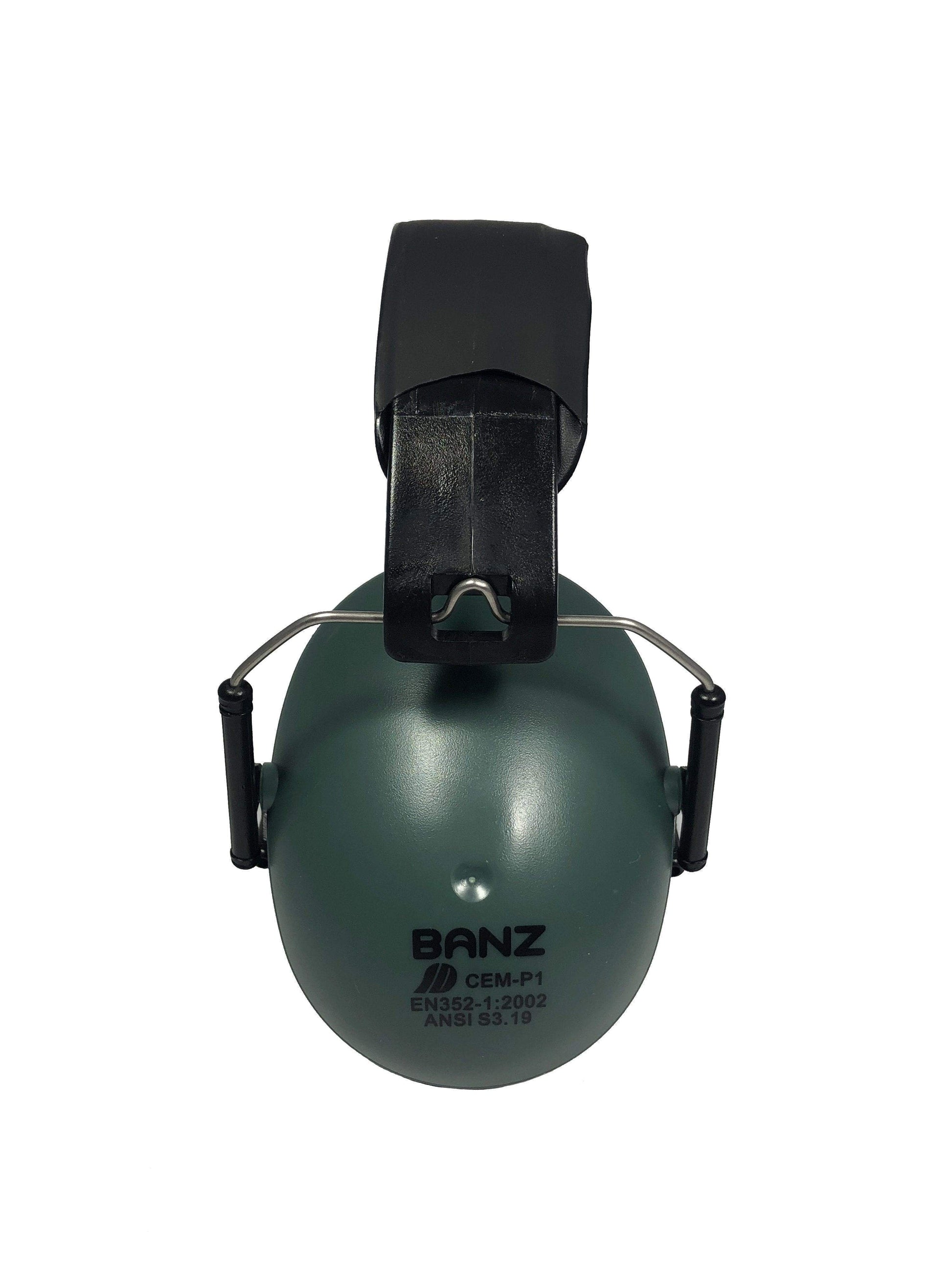 Green ear muffs with black clip on a white background, featuring the Banz brand.