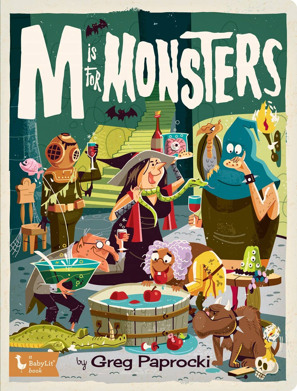 Book cover of 'M is for Monsters' by Greg Paprocki with colorful illustrations of monsters.