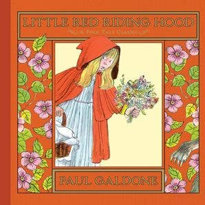 Book cover of 'Little Red Riding Hood' by Paul Galdone with a stylized illustration of a girl in a red hood and floral design.