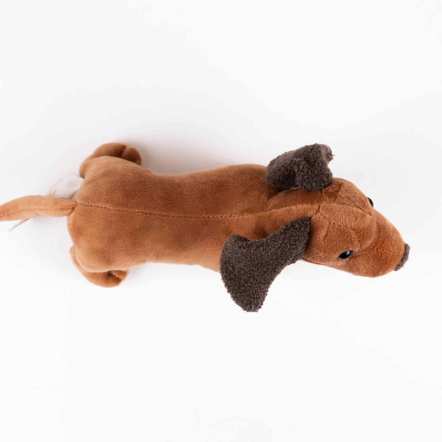 A brown plush dachshund toy with dark brown floppy ears, photographed on a clean white background.