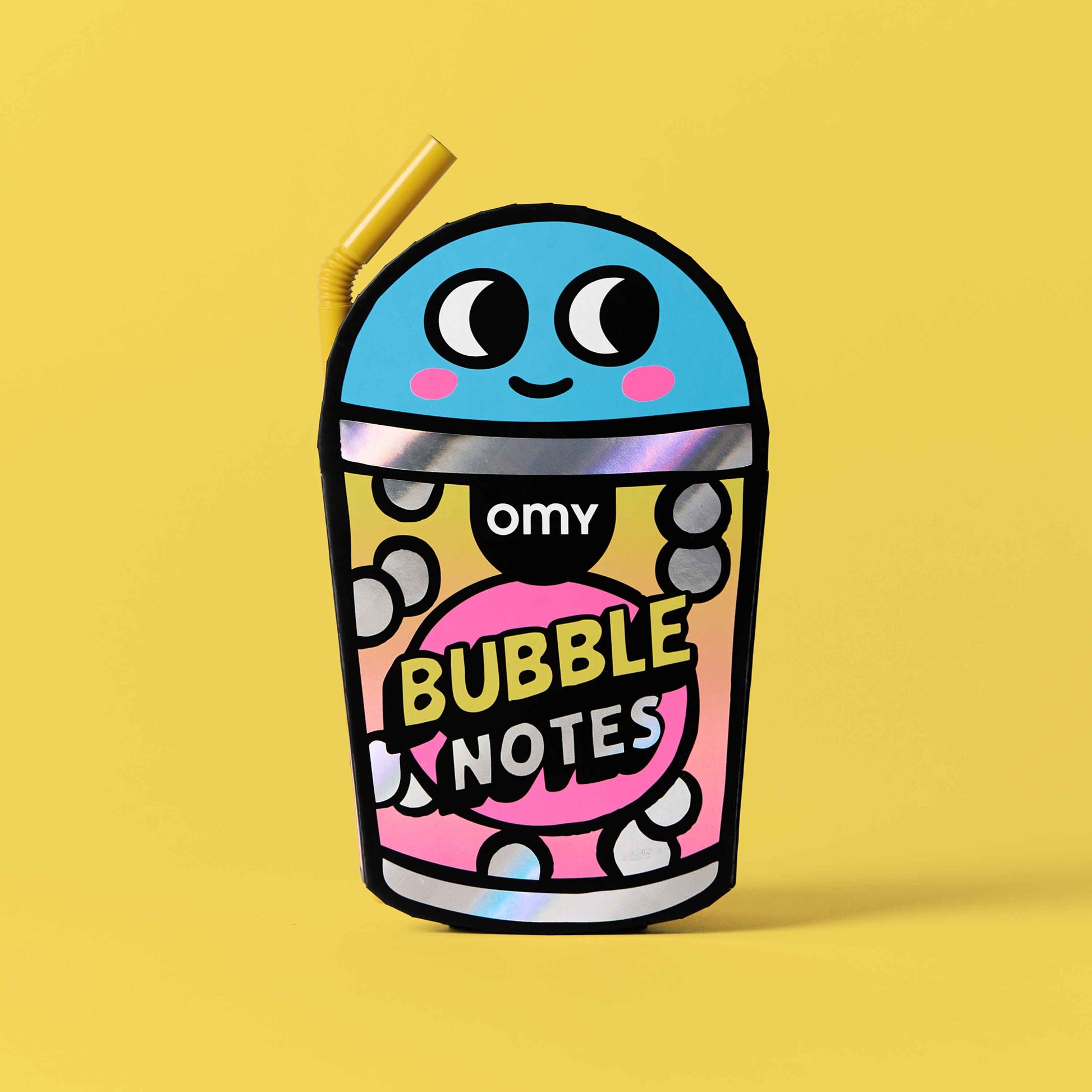 Notepad shaped like a bubble tea cup with 'omv' branding on a yellow background