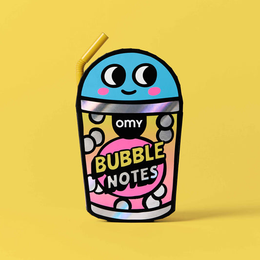 Notepad shaped like a bubble tea cup with 'omv' branding on a yellow background