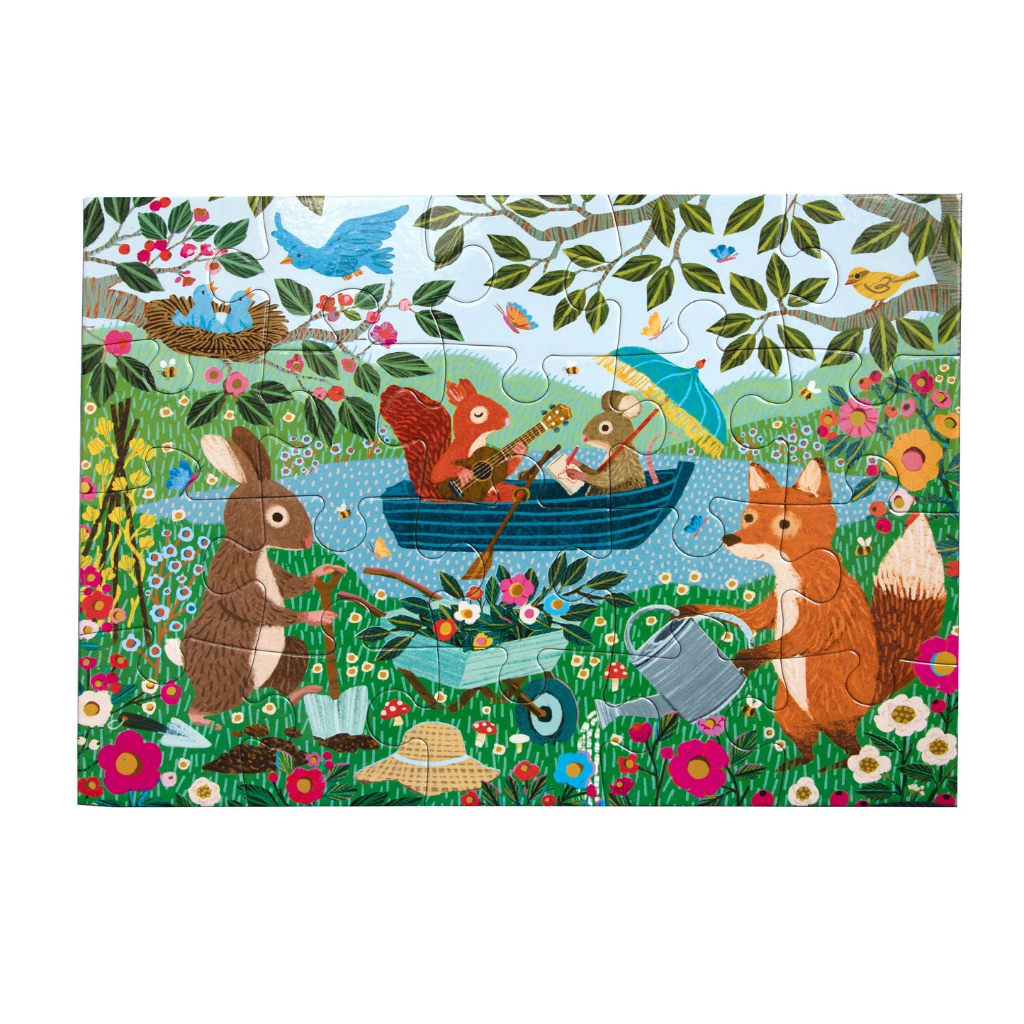 Children's puzzle with animal characters in a garden setting