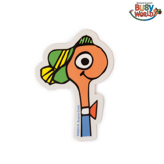 Colorful character sticker with a green and yellow hat on a white background, featuring 'Richard Scarry's Busy World' logo.
