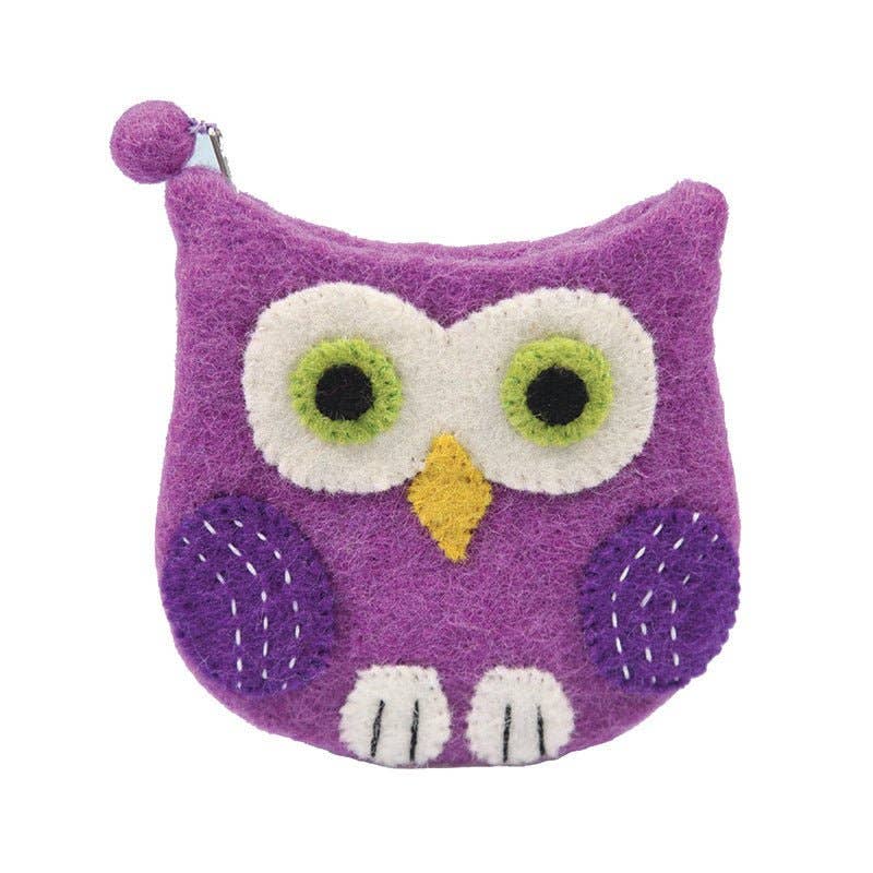 Purple owl-shaped coin purse with green eyes and a yellow beak on a white background