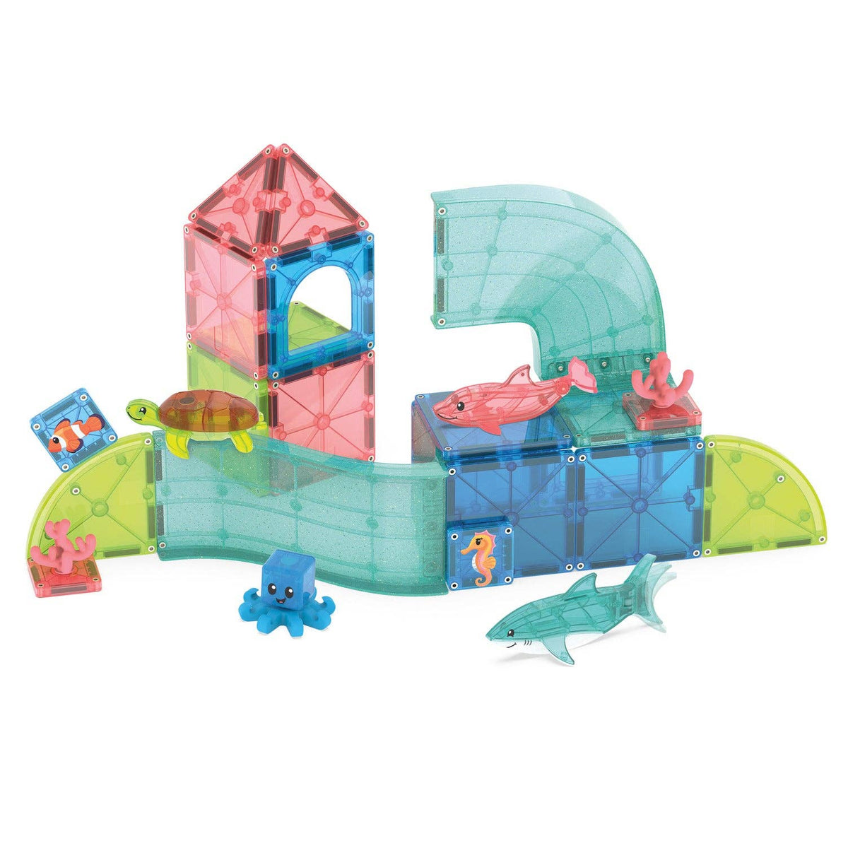 Colorful magnetic building set with sea-themed figures on a white background