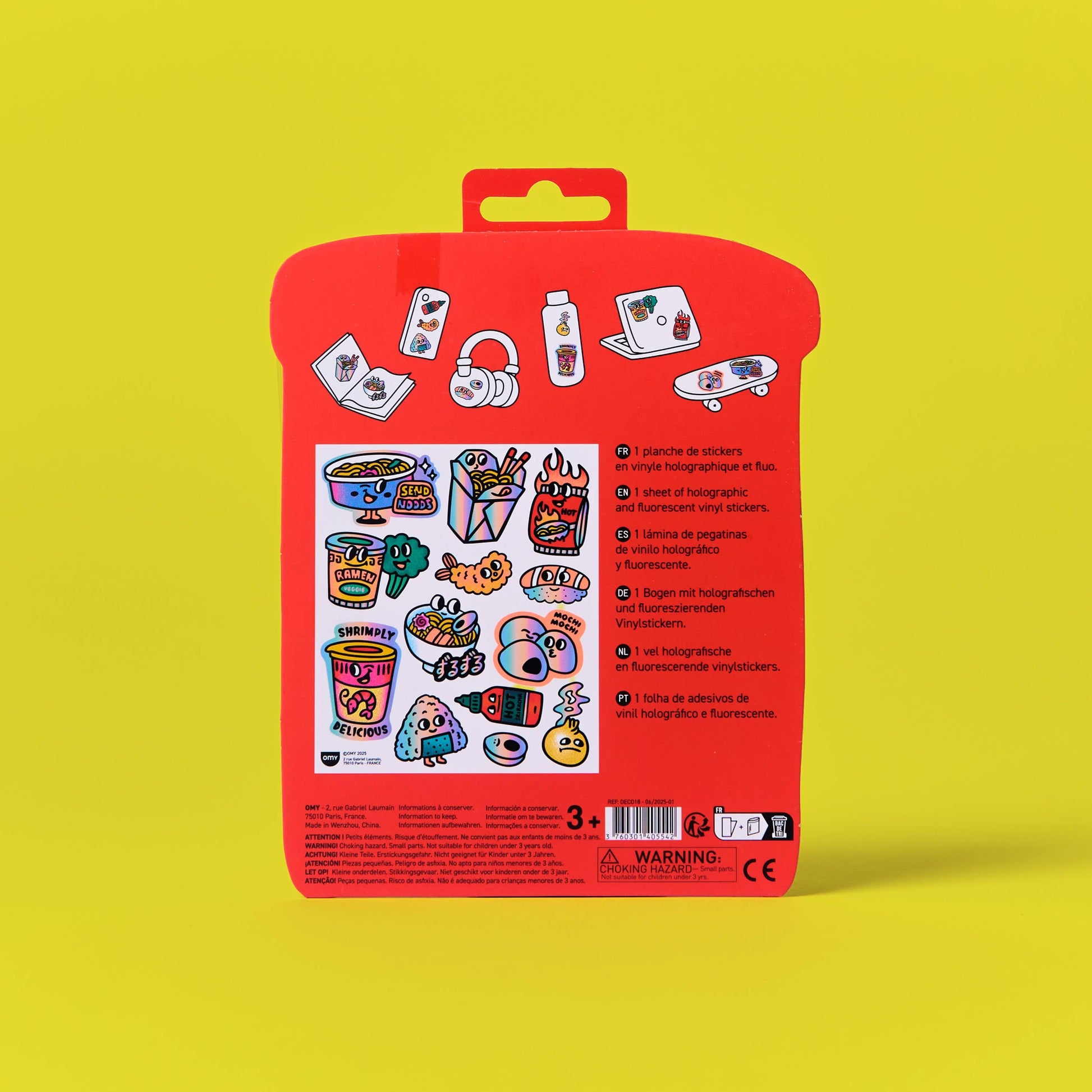 Red packaging with colorful illustrations on a yellow background