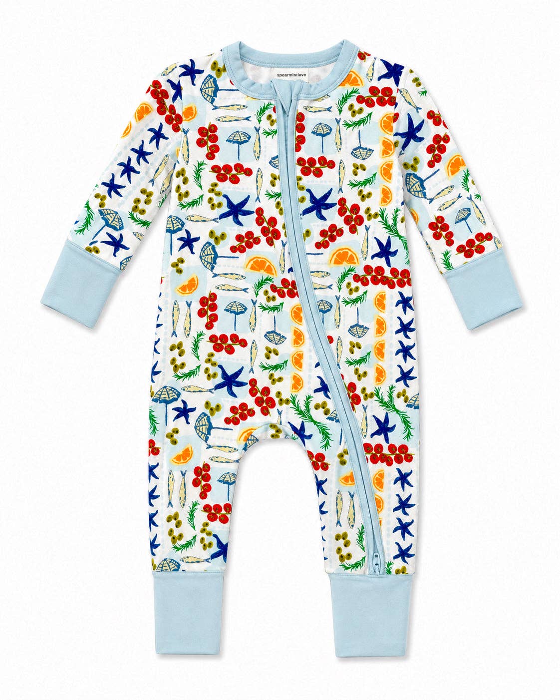 Colorful children's zip pajama with a pattern of stars, fish, and other sea creatures on a white background.