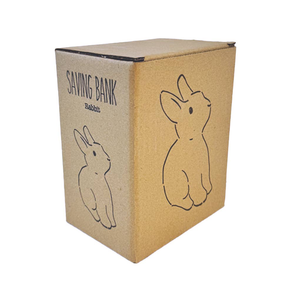 Cardboard saving bank with rabbit illustrations on a white background