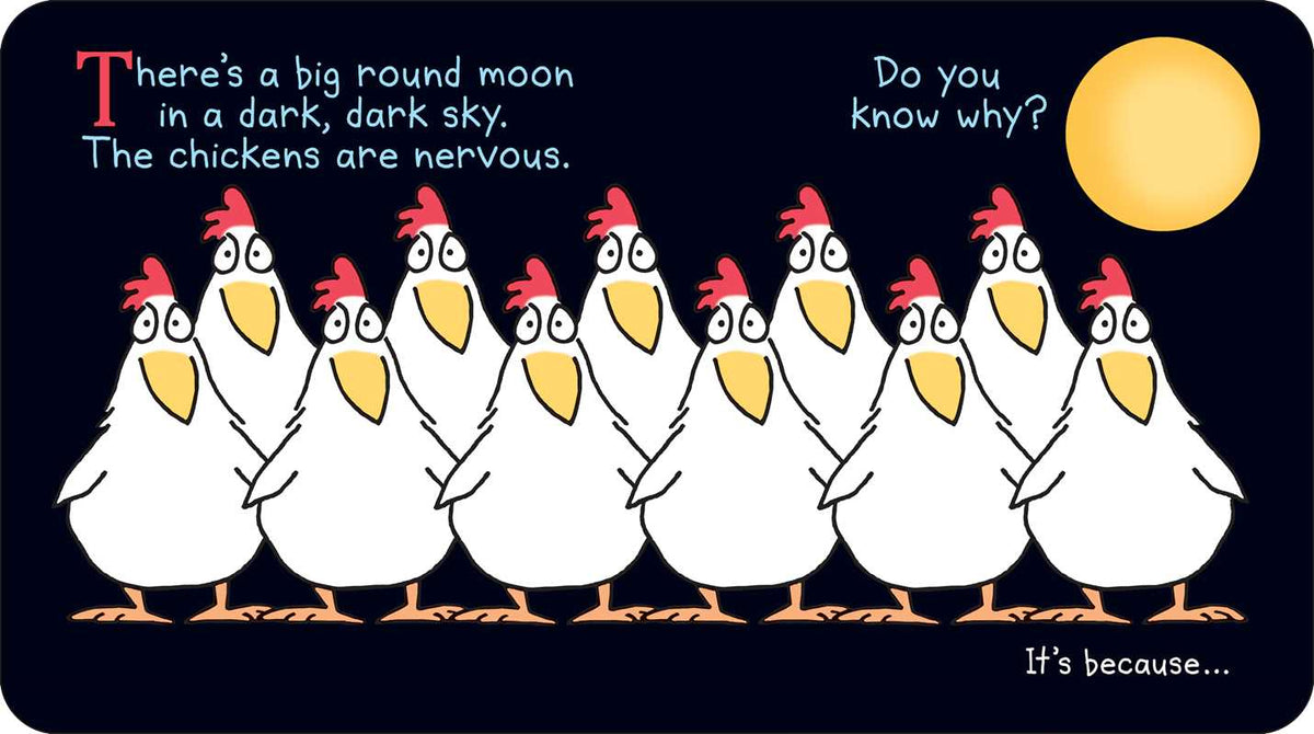 Chickens on black background lined up in a row with a large moon overhead.