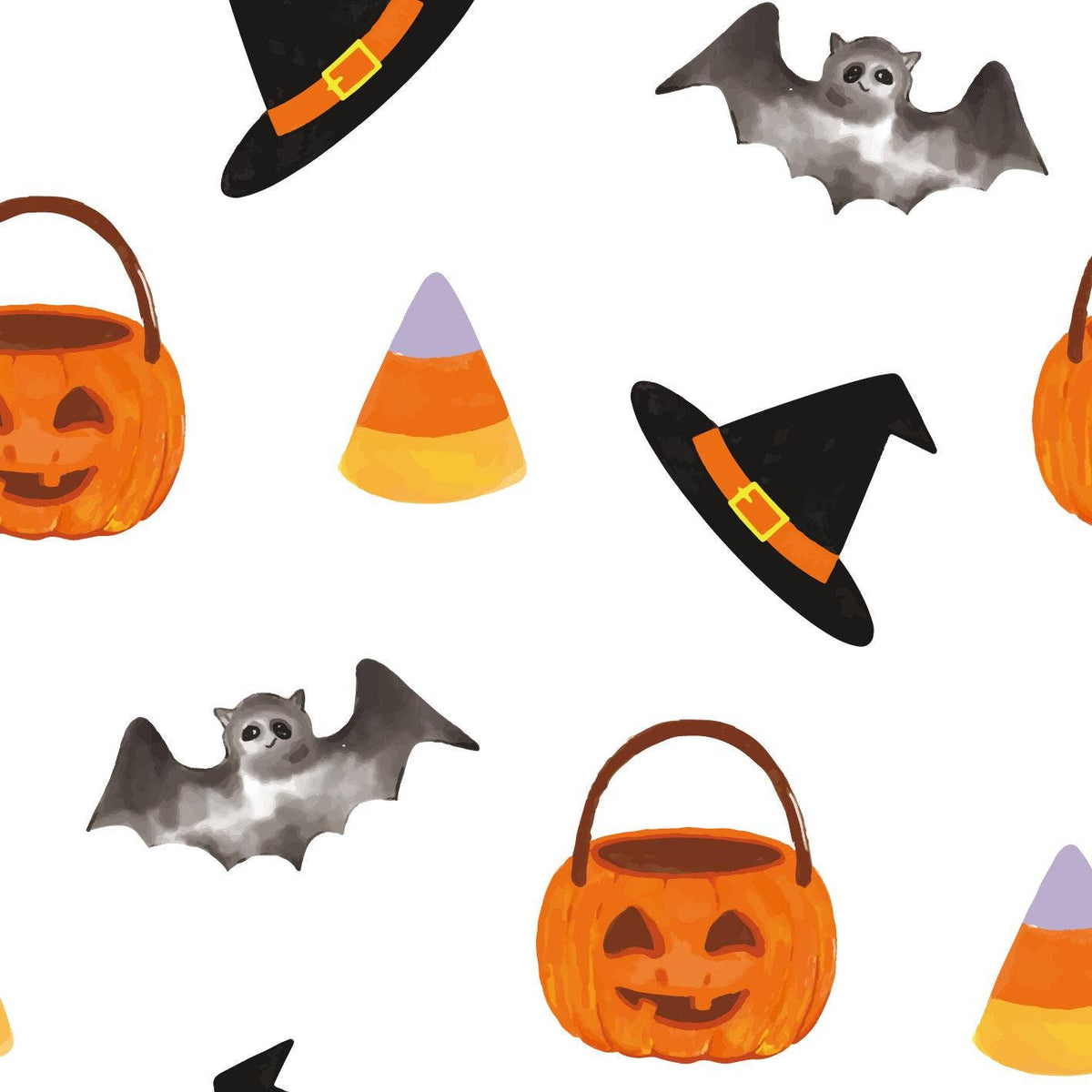 Halloween-themed pattern with pumpkins, candy corn, witch hats, and bats on a white background.
