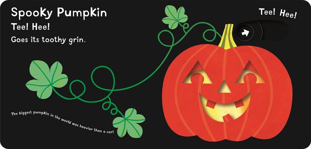 Cartoon pumpkin with green leaves on a black background
